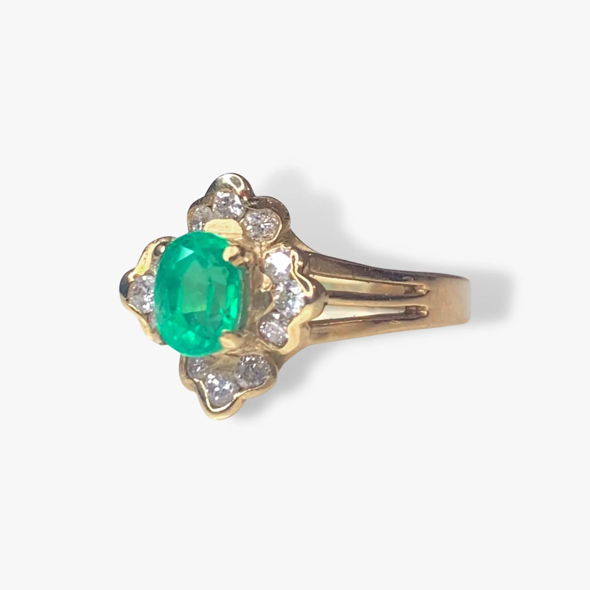 14k Yellow Gold Oval Emerald and Diamond Floral Ring