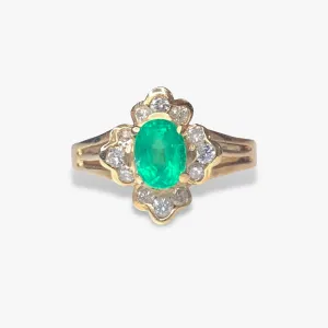 14k Yellow Gold Oval Emerald and Diamond Floral Ring