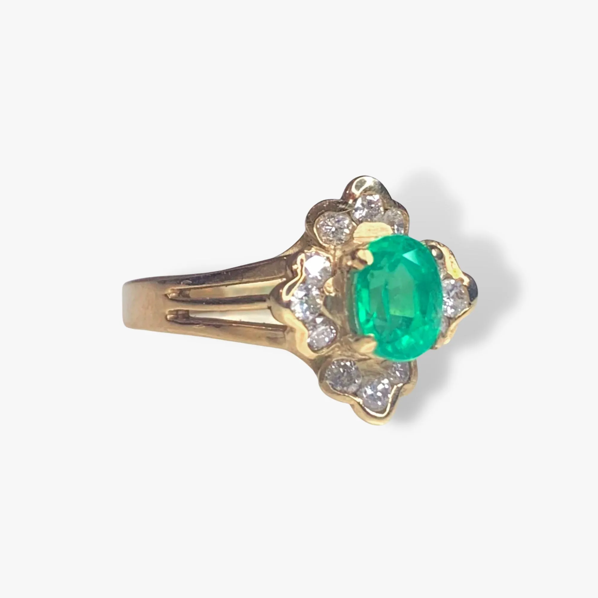 14k Yellow Gold Oval Emerald and Diamond Floral Ring