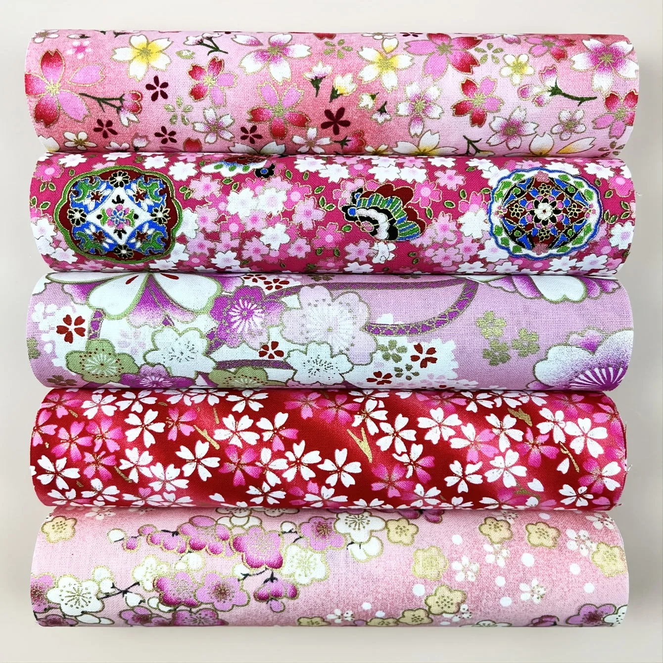 5 Pieces of Pink Cotton Fabric in Floral Print