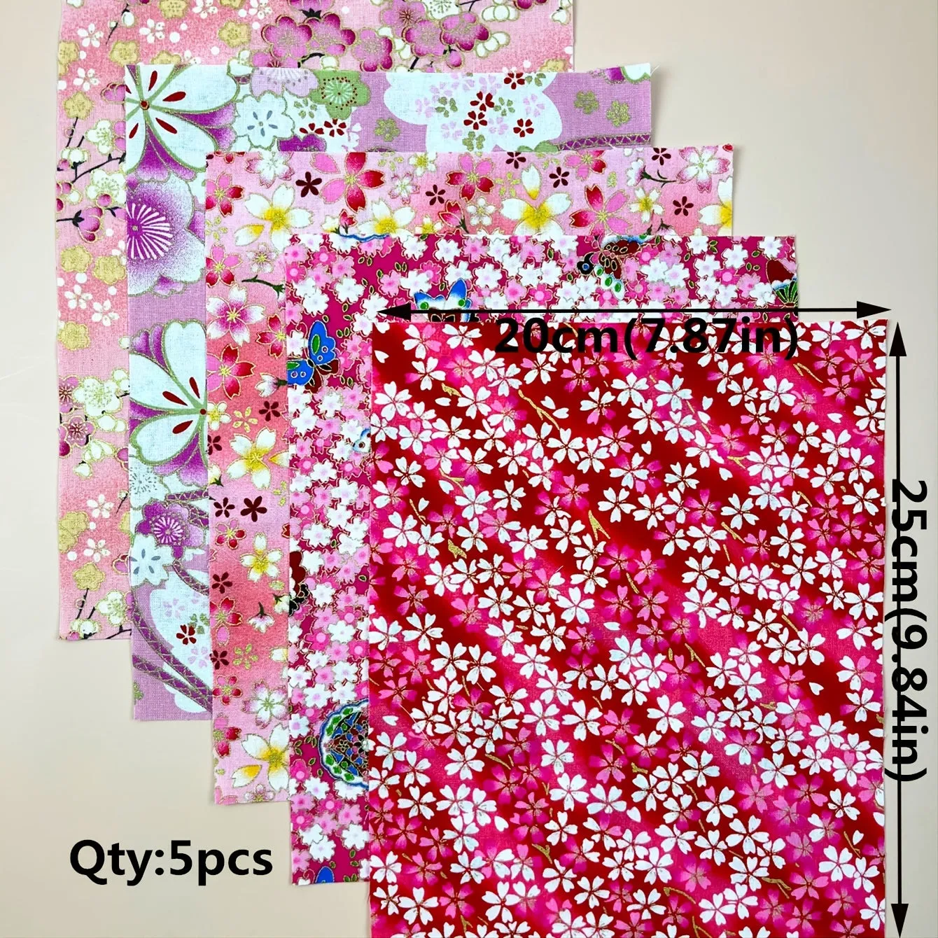 5 Pieces of Pink Cotton Fabric in Floral Print