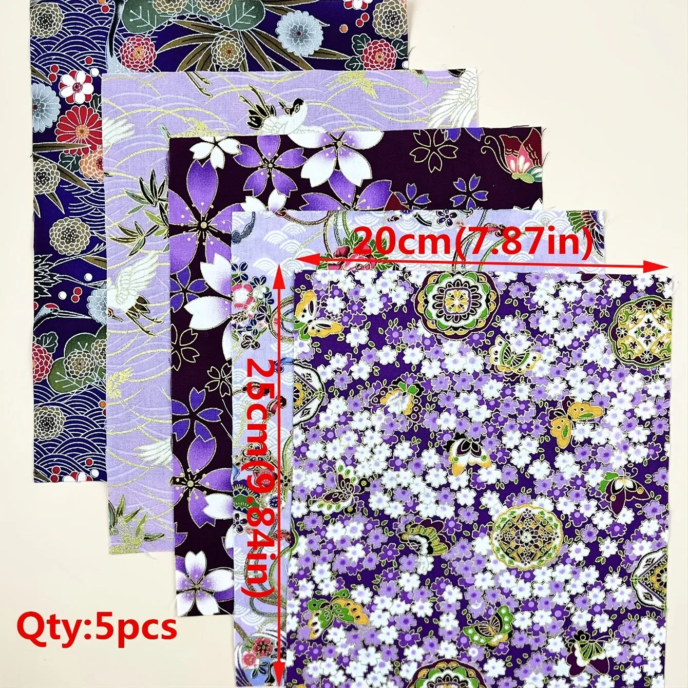 5pcs Purple Flower Printed Cotton Fabric for Kimono  Patchwork