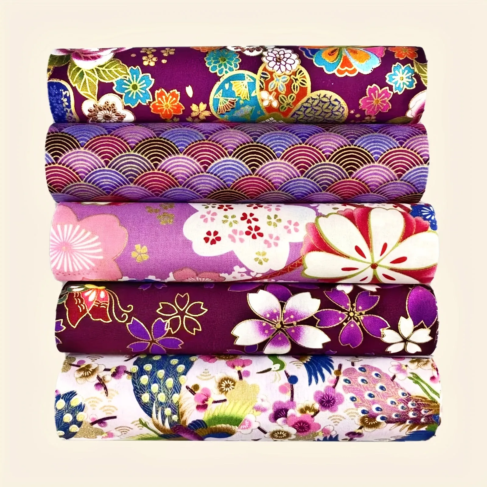 5pcs Purple Flower Printed Cotton Fabric for Kimono  Patchwork