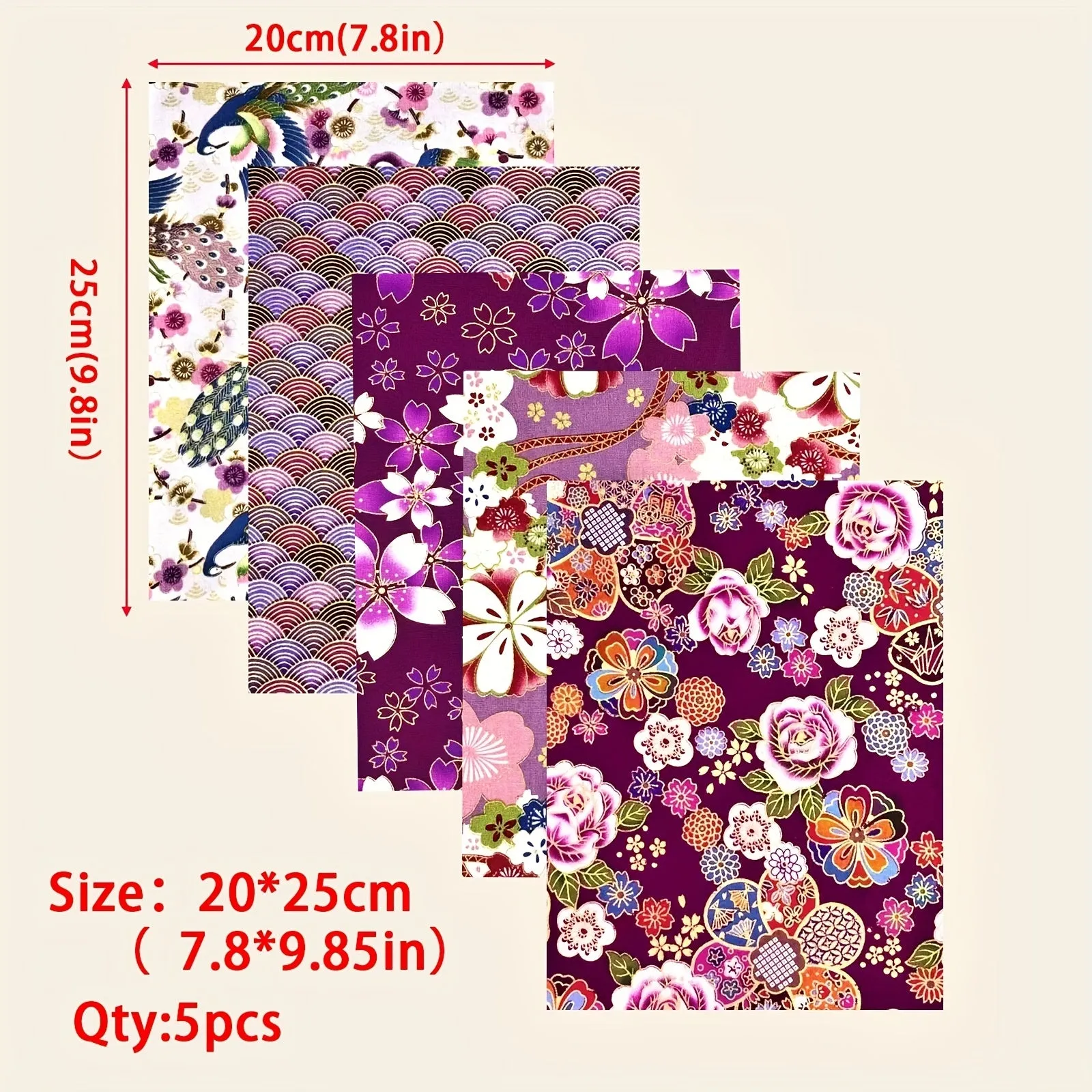 5pcs Purple Flower Printed Cotton Fabric for Kimono  Patchwork