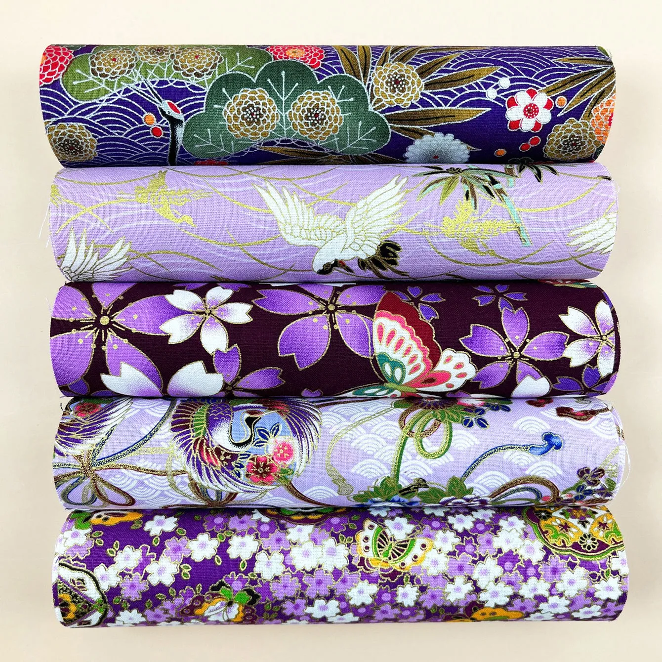 5pcs Purple Flower Printed Cotton Fabric for Kimono  Patchwork