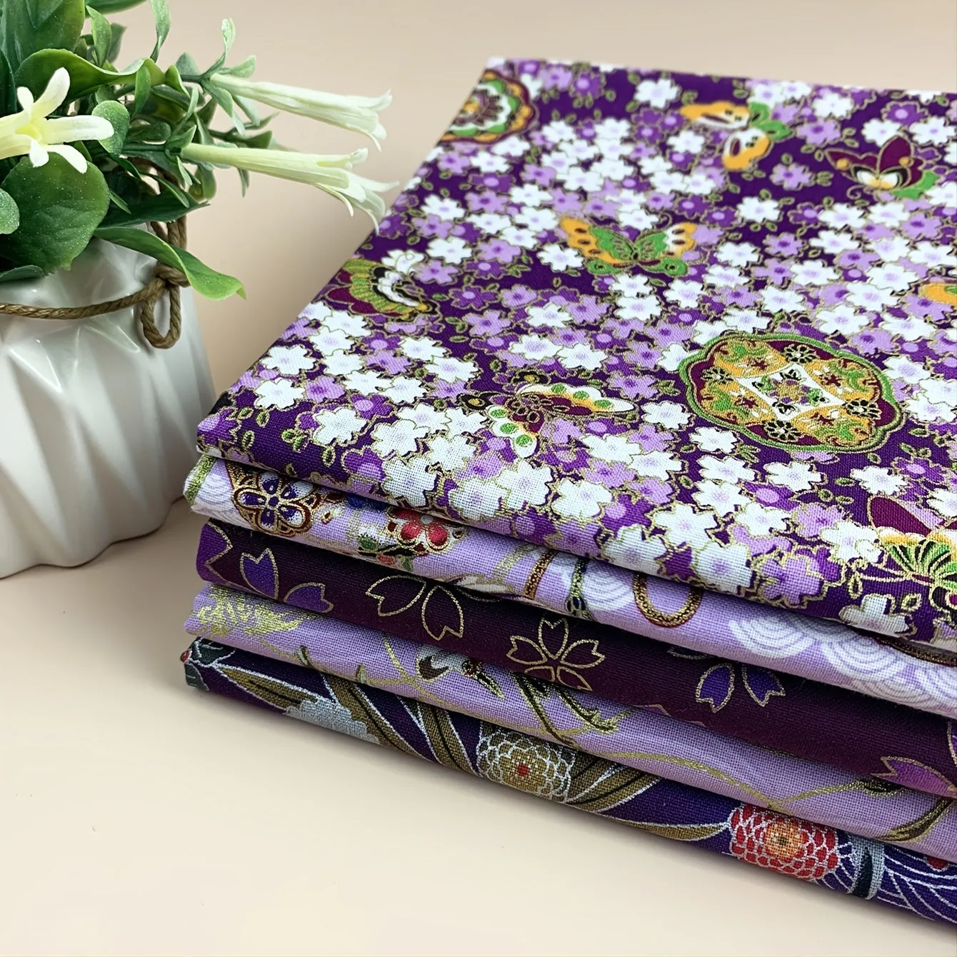 5pcs Purple Flower Printed Cotton Fabric for Kimono  Patchwork