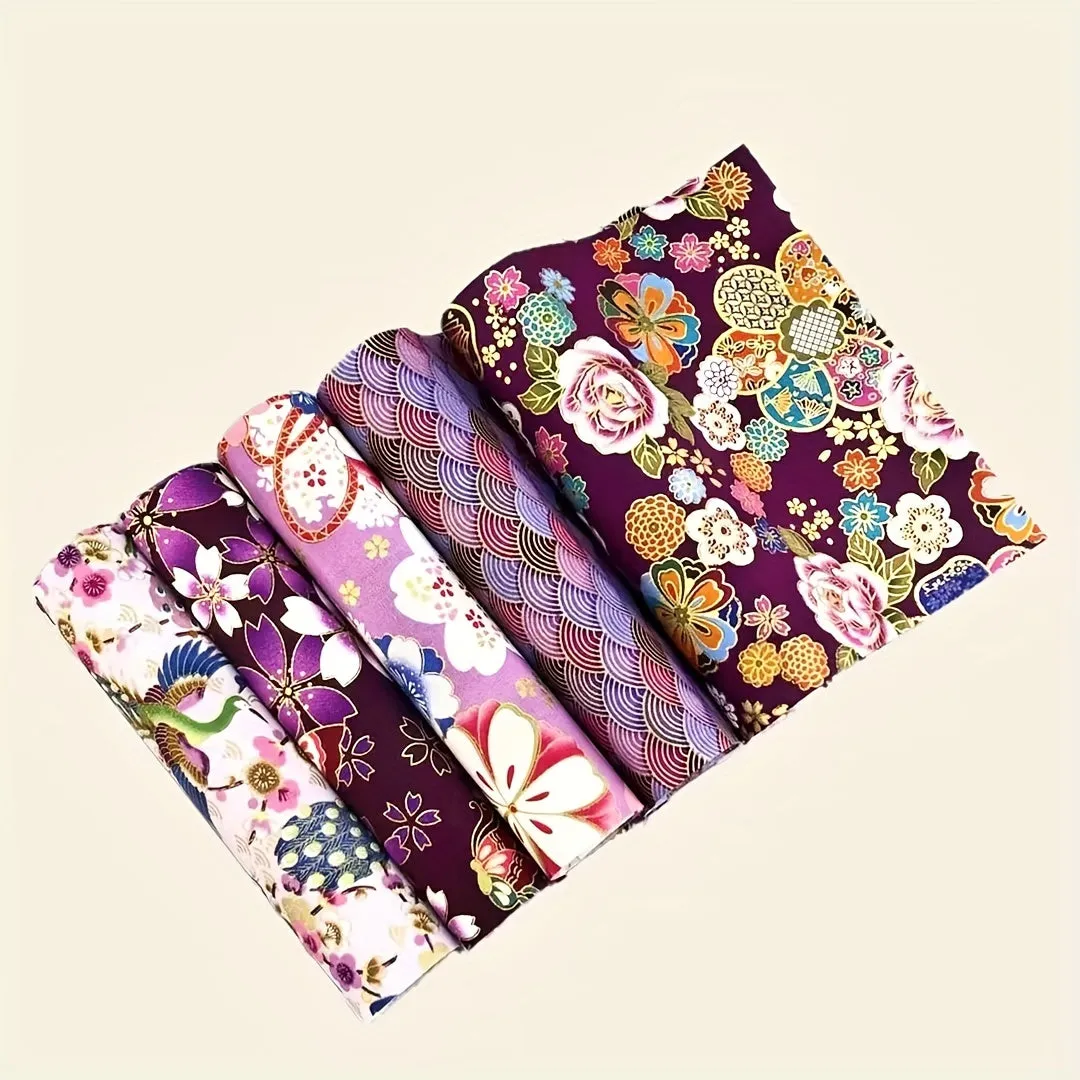 5pcs Purple Flower Printed Cotton Fabric for Kimono  Patchwork