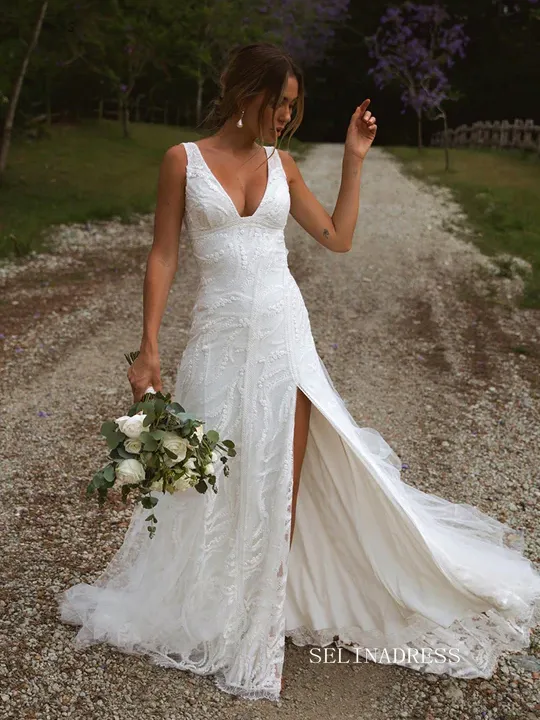 A-line Deep V neck Lace White Wedding Dress Rustic Wedding Gown KTC020