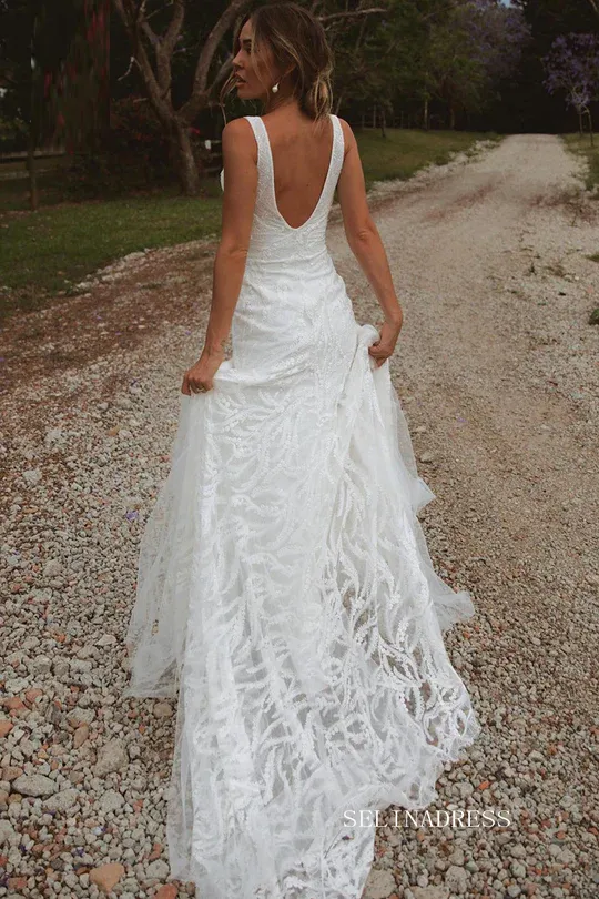 A-line Deep V neck Lace White Wedding Dress Rustic Wedding Gown KTC020