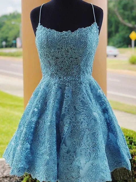 A-Line Light Blue Lace Cute Homecoming Dress Short Prom Dress #MHL083