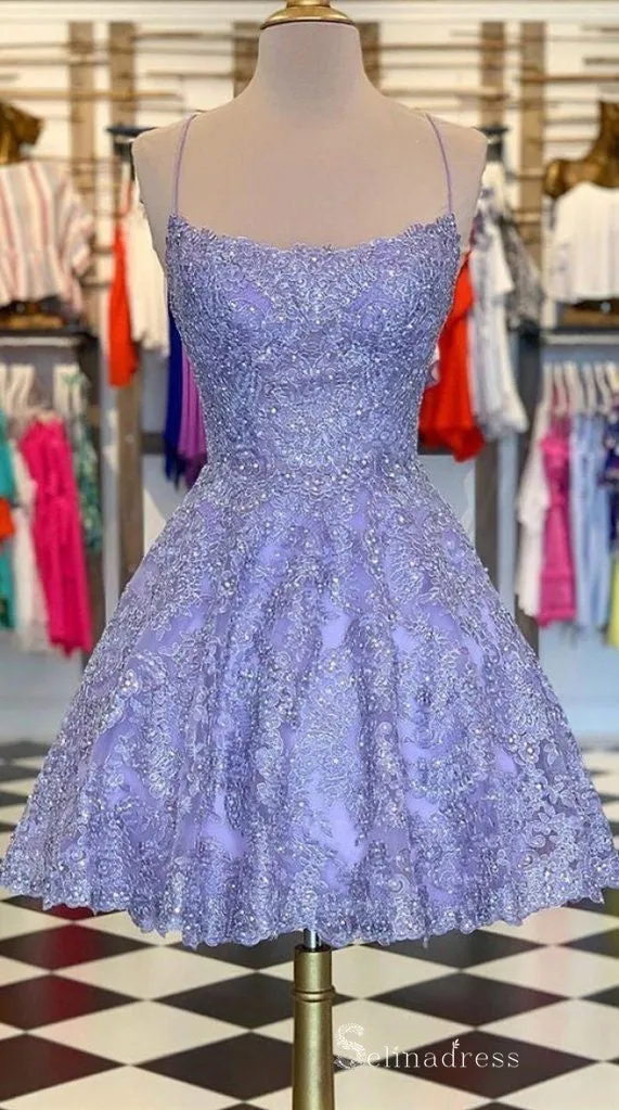 A-Line Light Blue Lace Cute Homecoming Dress Short Prom Dress #MHL083