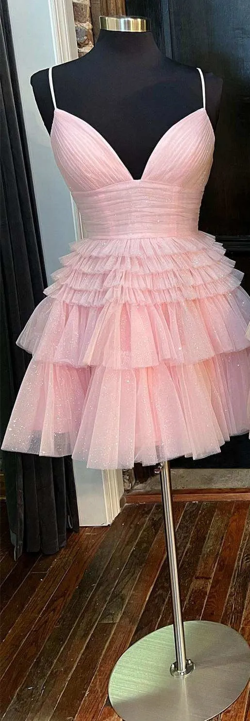 A-Line Multi-Tiered Short Party Dress,Light Pink Cocktail Dresses