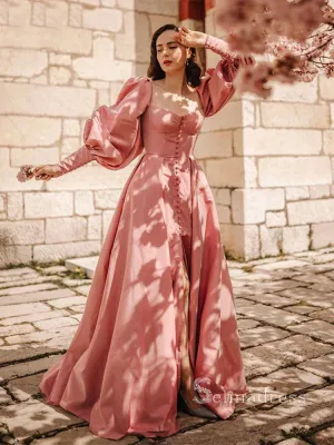 A-line Pink Long Sleeve Prom Dress With Thigh Split Satin Evening Dresses HLK006