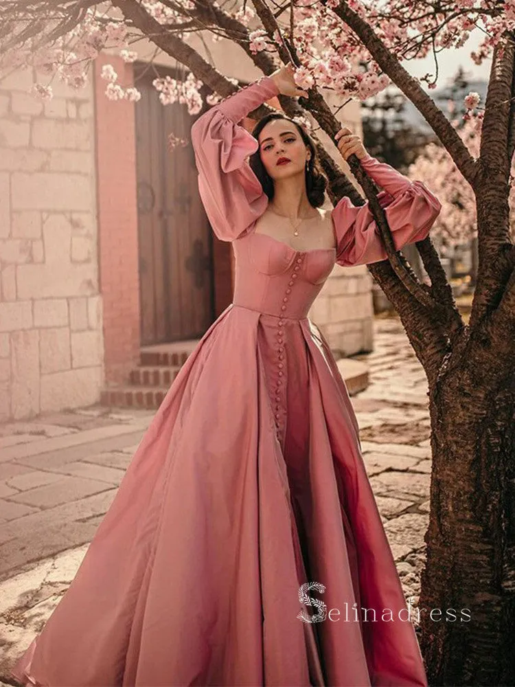 A-line Pink Long Sleeve Prom Dress With Thigh Split Satin Evening Dresses HLK006