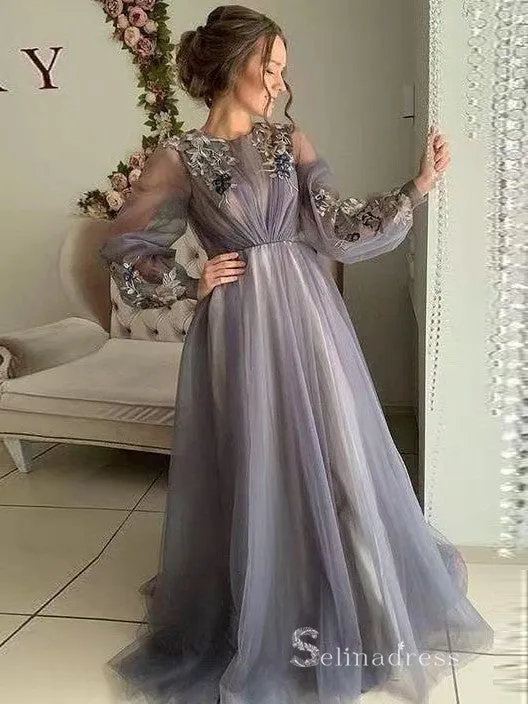 A-line Scoop Long Sleeve Prom Dresses 3D Floral Evening Gowns MHL140