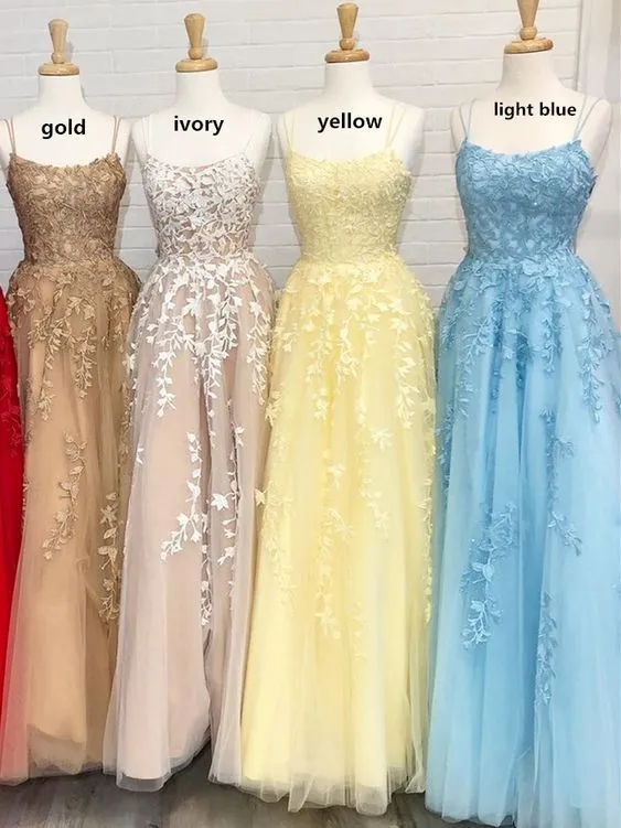 A-line Spaghetti Straps Modest Cheap Long Prom Dresses Applique Evening Dress SED517