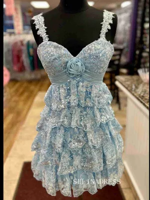 A-line Staps Light Sky Blue Short Prom Dress Lace Homecoming Dresses #TKL2326