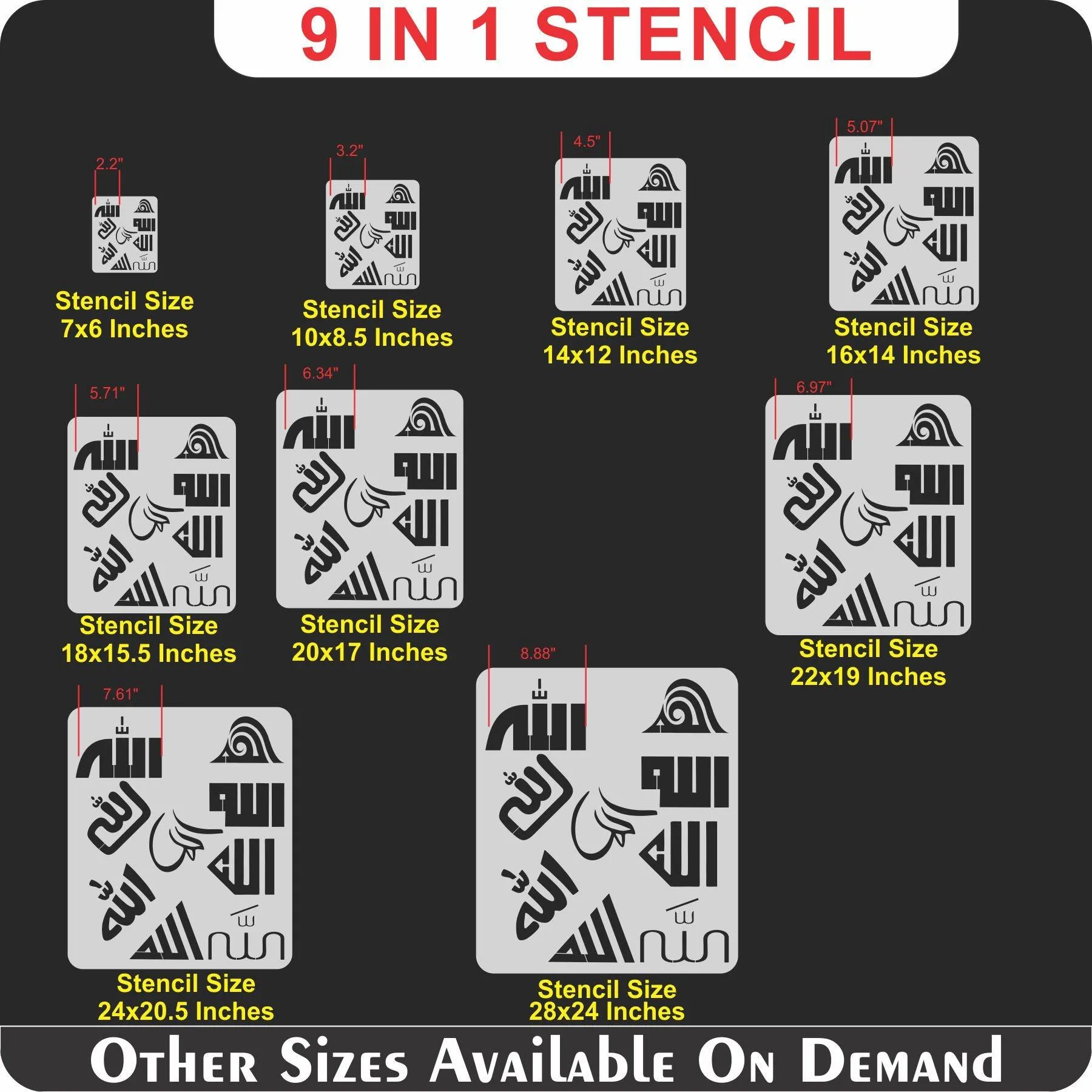 Allah in 9 Font Styles Calligraphy Islamic Reusable Stencil for Canvas and wall painting.ID#4125E