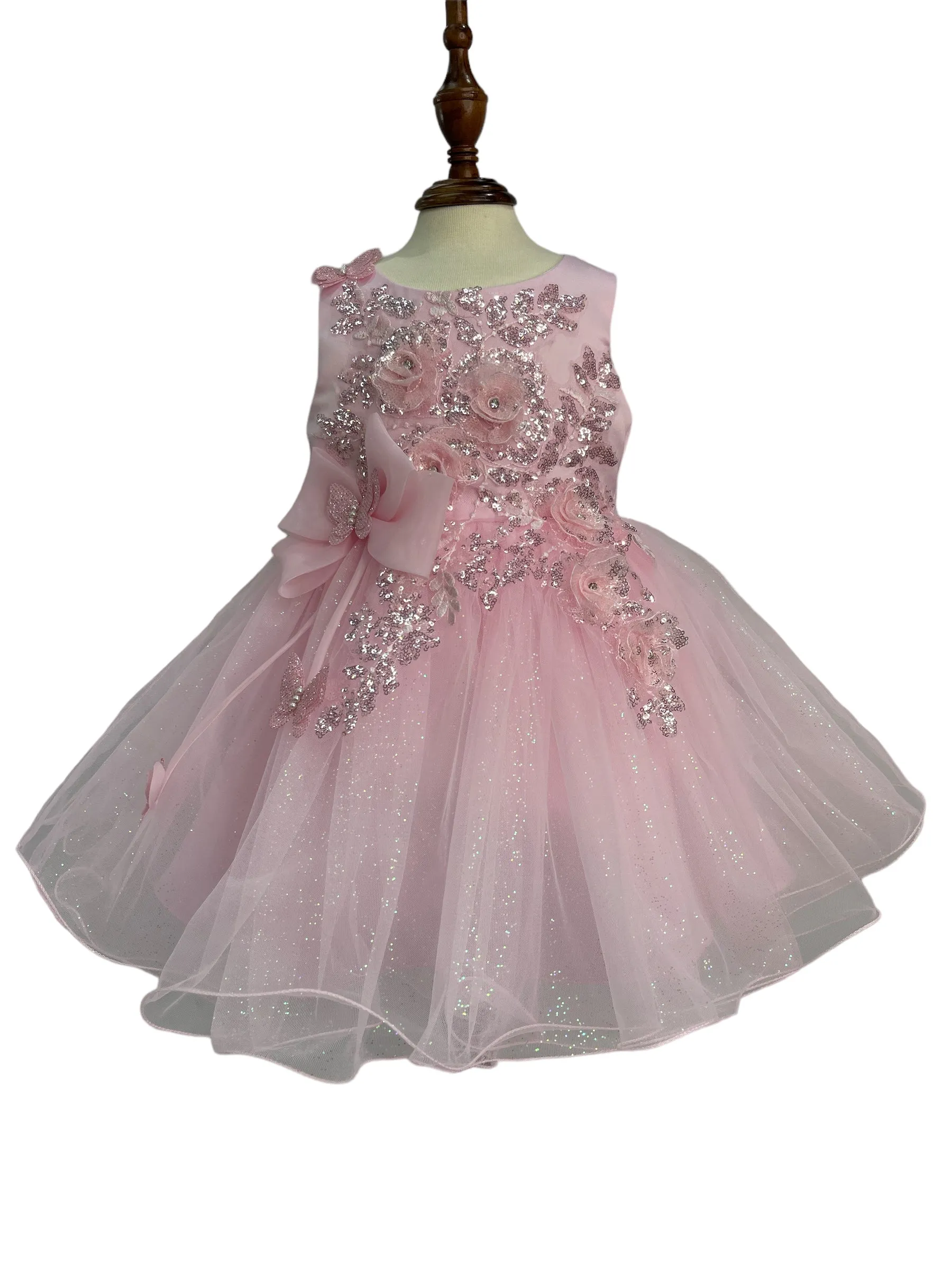 Baby Girls 3D Ribbon Flower Crystal Tulle Flower Girl Dress 3-24M