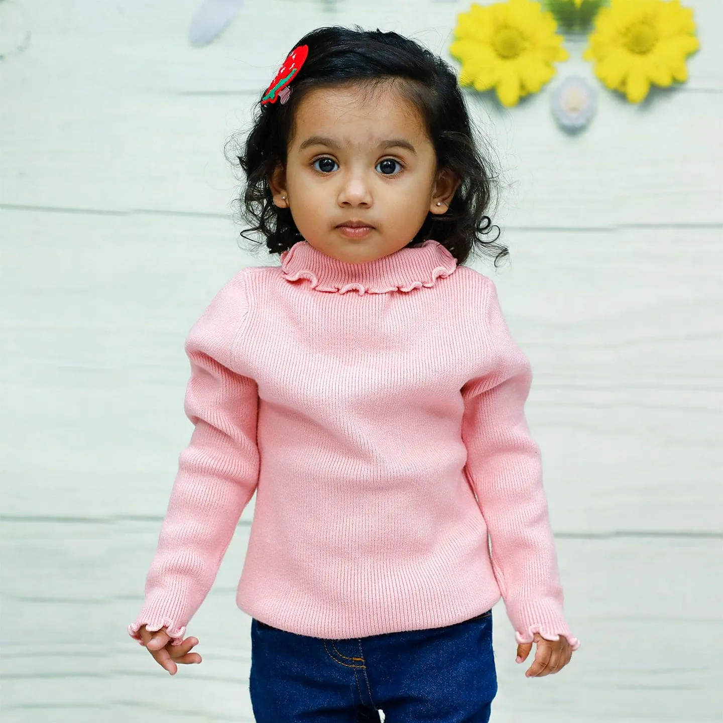 Basic Ribbed Premium Full Sleeves Knitted Kids Sweater - Pink