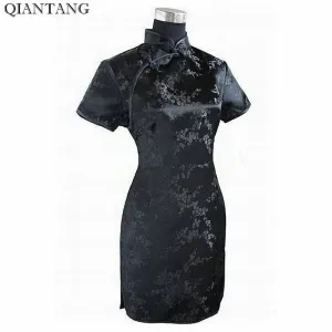 Black Traditional Chinese Dress Mujer Vestido Women's Satin Qipao Mini Cheongsam Flower Size S M L XL XXL XXXL 4XL 5XL 6XL J4039