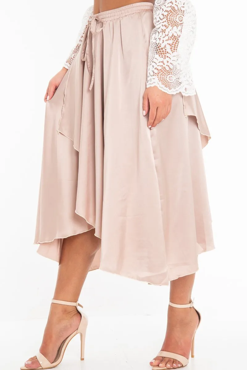 Blush Satin Wrap Drawstring Waist Midi Skirt - Scarlett