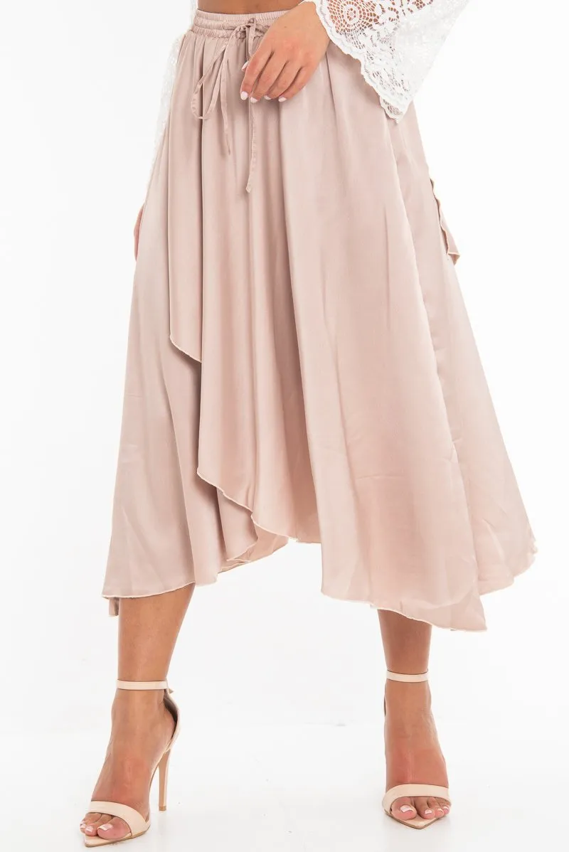 Blush Satin Wrap Drawstring Waist Midi Skirt - Scarlett