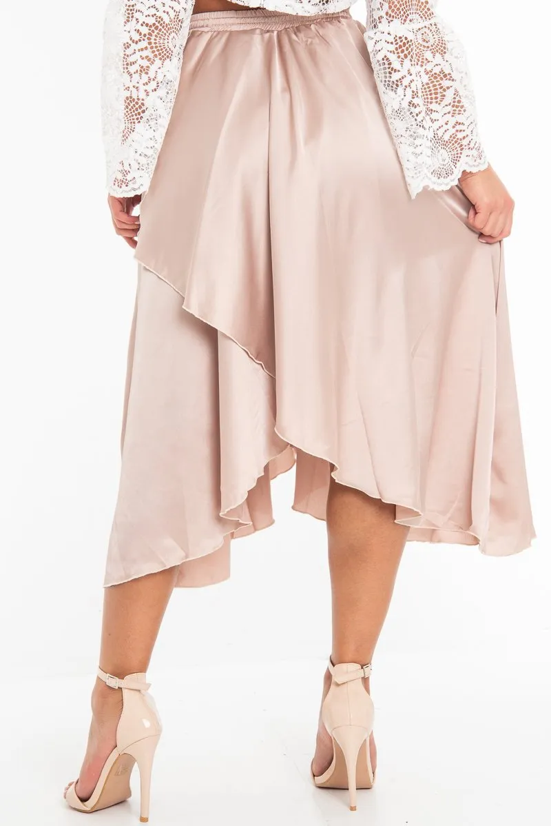 Blush Satin Wrap Drawstring Waist Midi Skirt - Scarlett