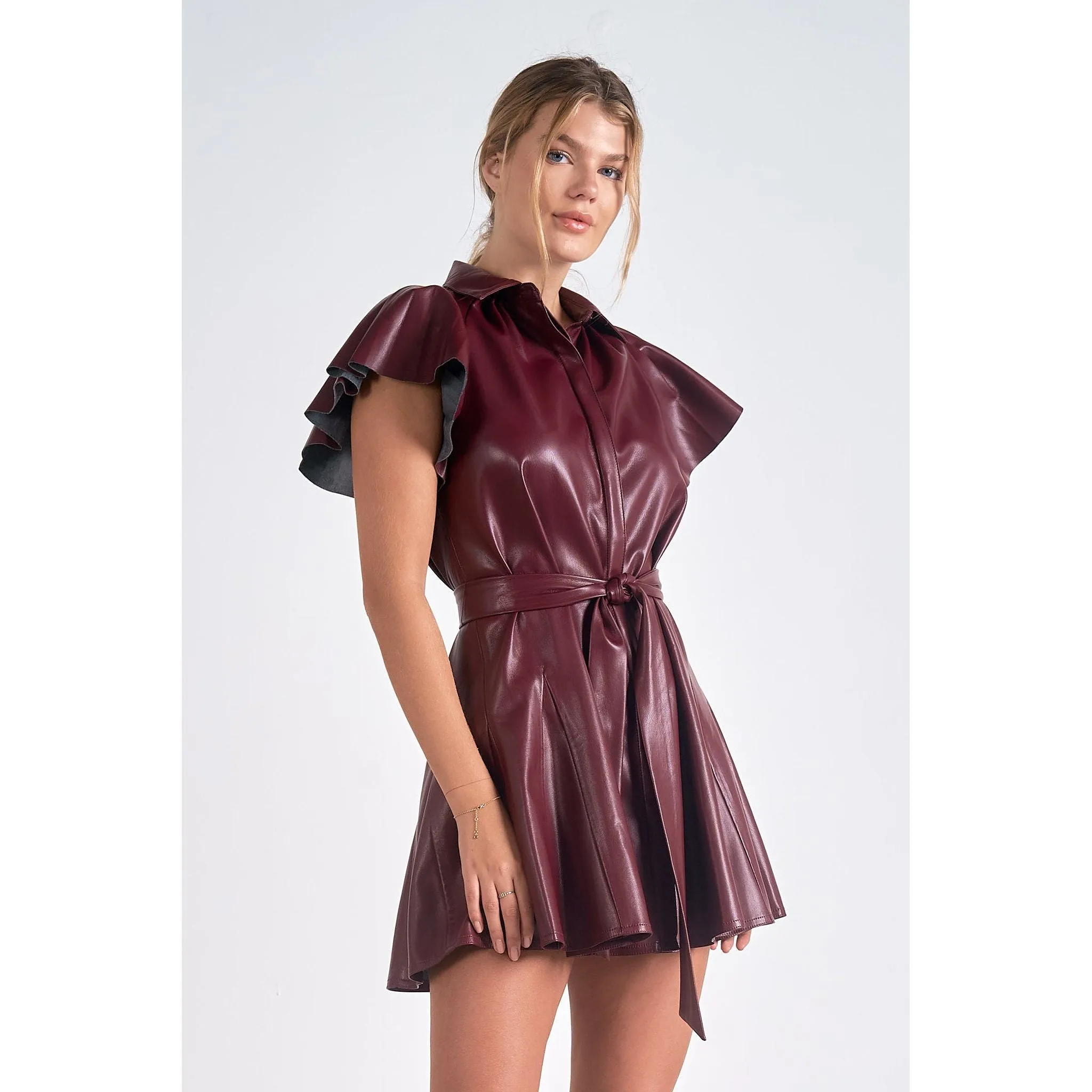 Burgundy Flutter Sleeve Dress