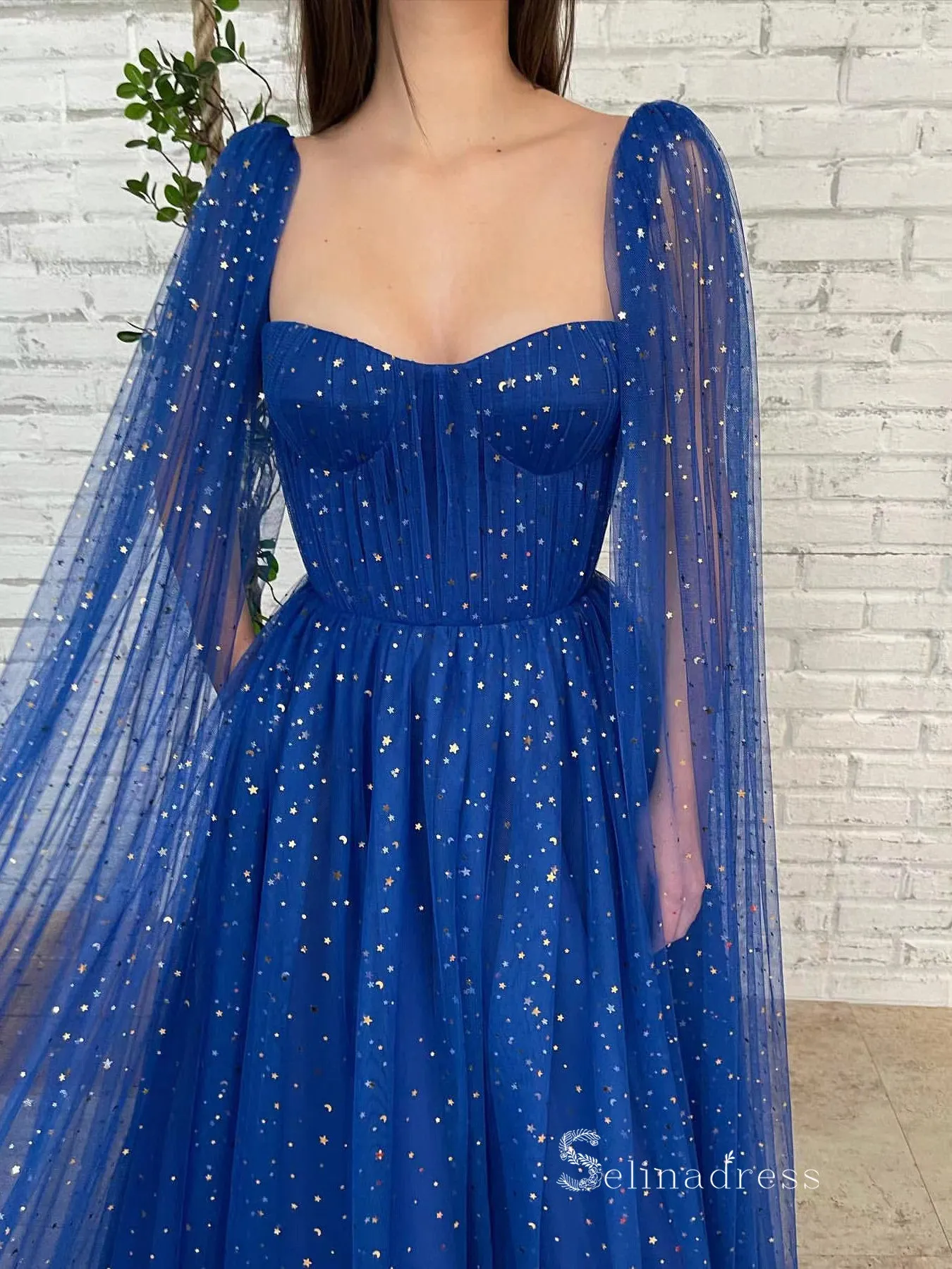 Chic A-line Blue Long Prom Dresses Unique Long Evening Gowns MLK019