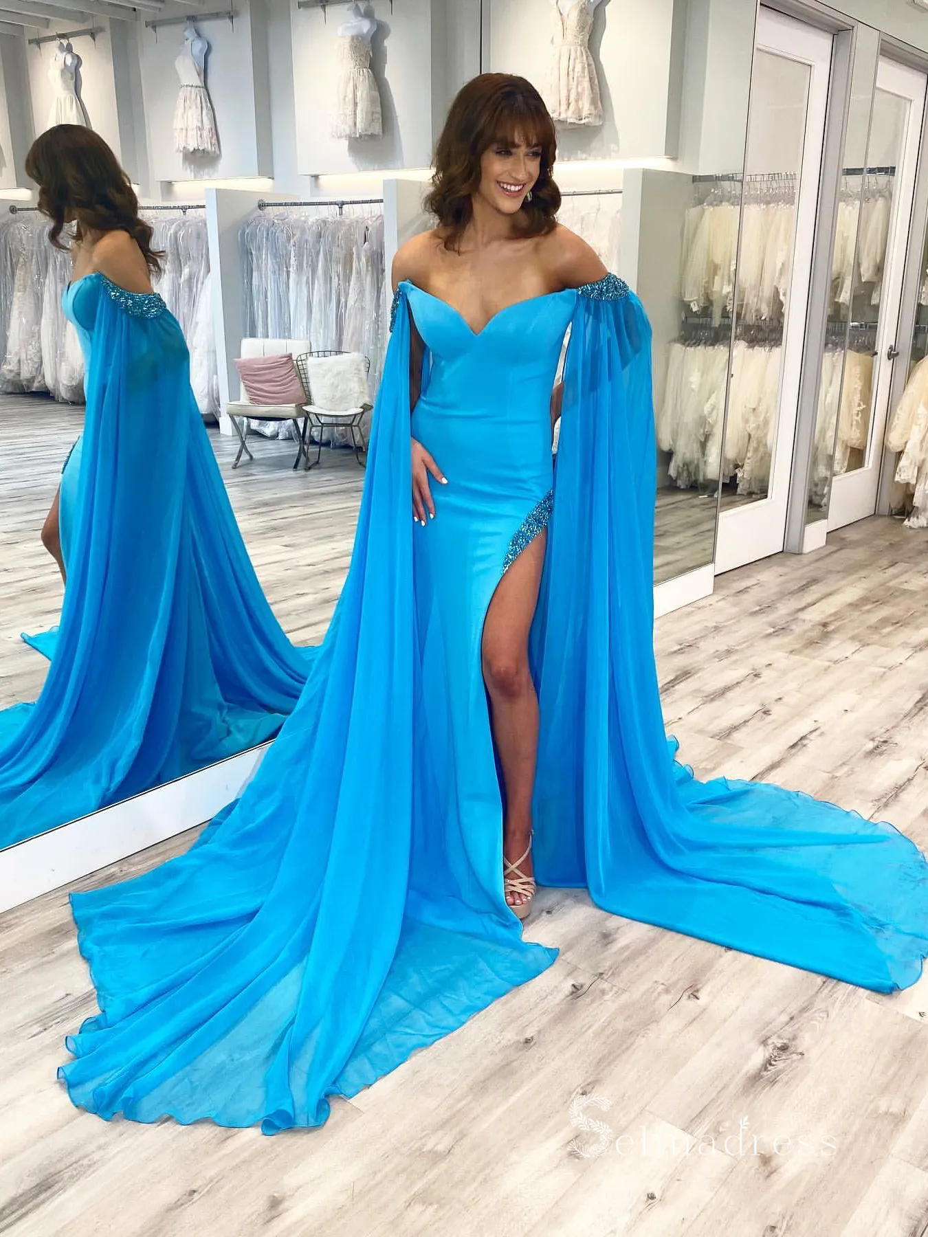 Chic A-line Off-the-shoulder Chiffon Long Prom Dresses Cheap Evening Dresses MLK04884