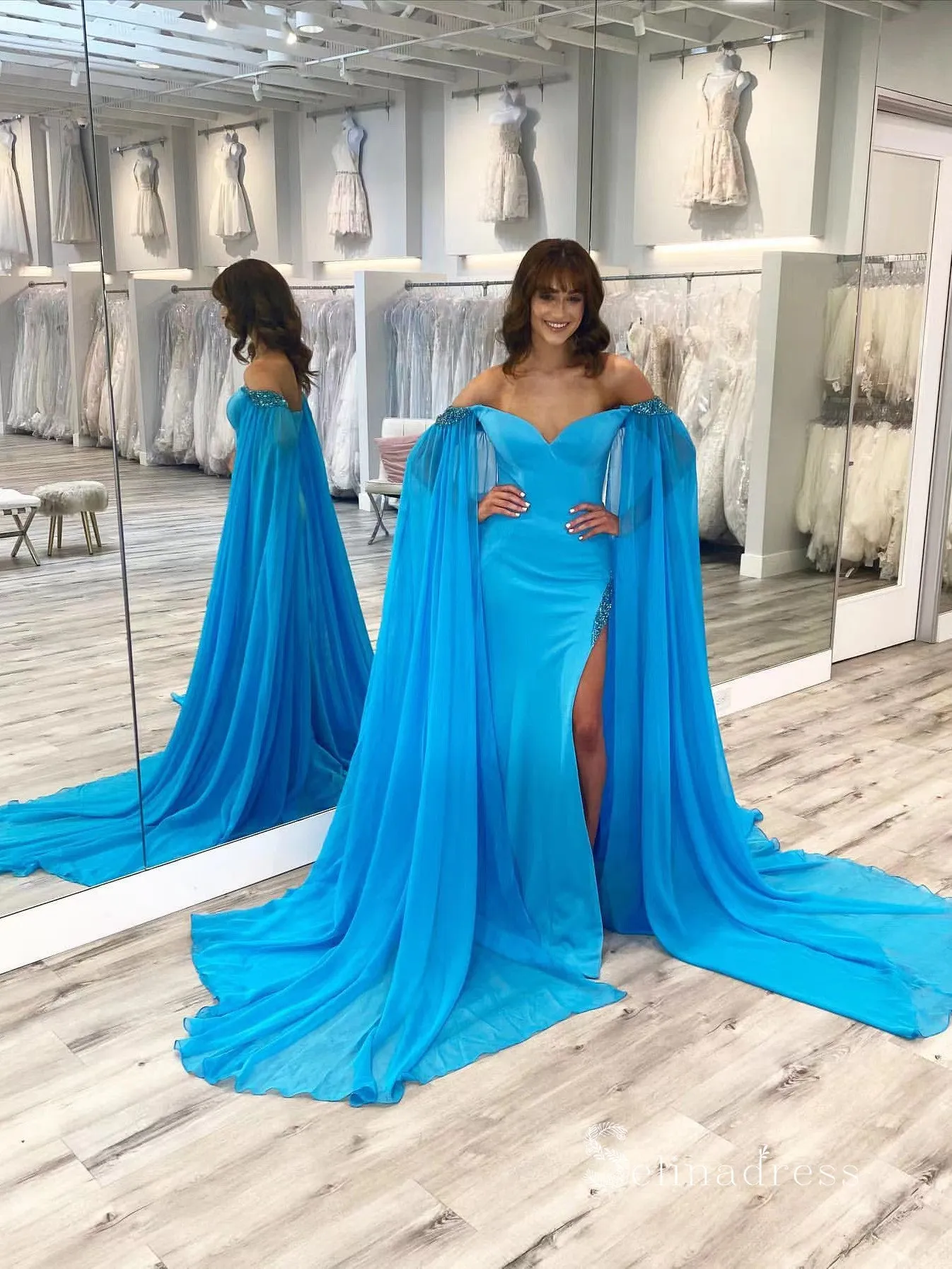 Chic A-line Off-the-shoulder Chiffon Long Prom Dresses Cheap Evening Dresses MLK04884