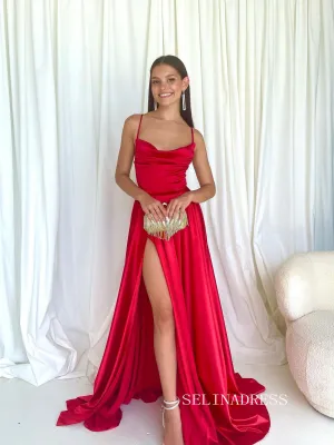 Chic A-line Spaghetti Straps Cheap Long Prom Dresses Red Evening Dress SEW0201