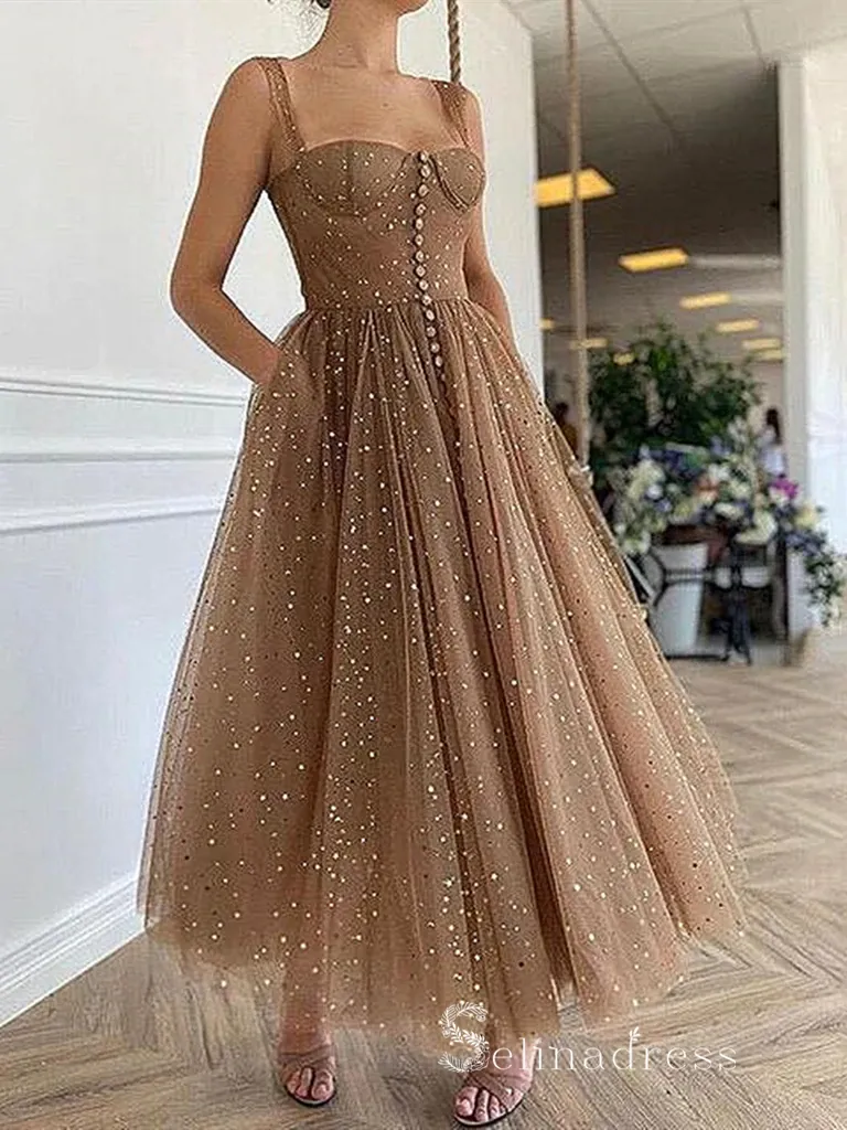 Chic A-line Straps Ankle-length Unique Brown Prom Dresses Evening Dresses MLH1245