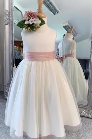 Chic Long Ivory Flower Girl Dress with Pink Belt