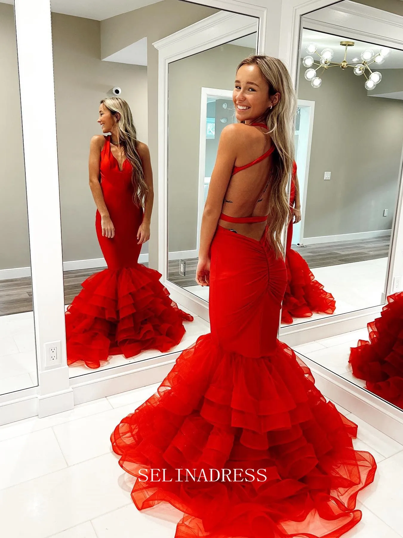 Chic Mermaid Straples Backless Elegant Red Prom Dress Cheap Formal Gown Evening Dress #LOP207