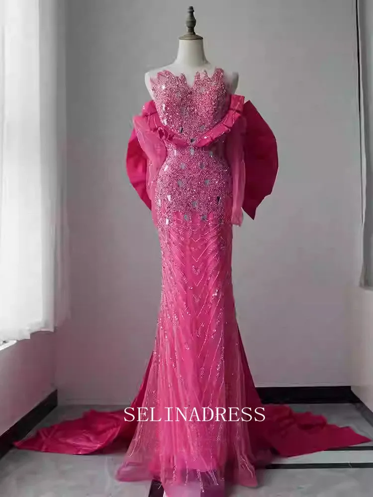 Chic Strapless Beaded Long Prom Dresses With Bow One the Back Elegant Hot Pink Evening Dress TKL3090