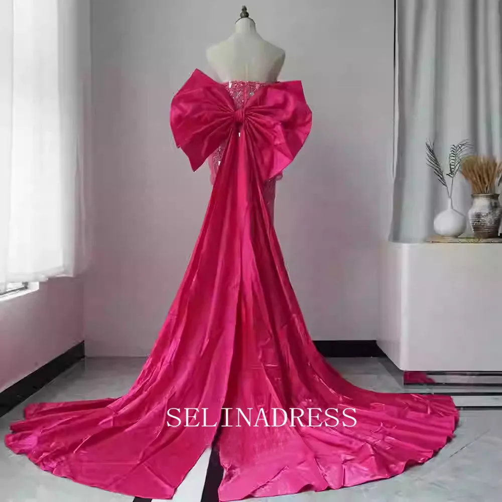 Chic Strapless Beaded Long Prom Dresses With Bow One the Back Elegant Hot Pink Evening Dress TKL3090