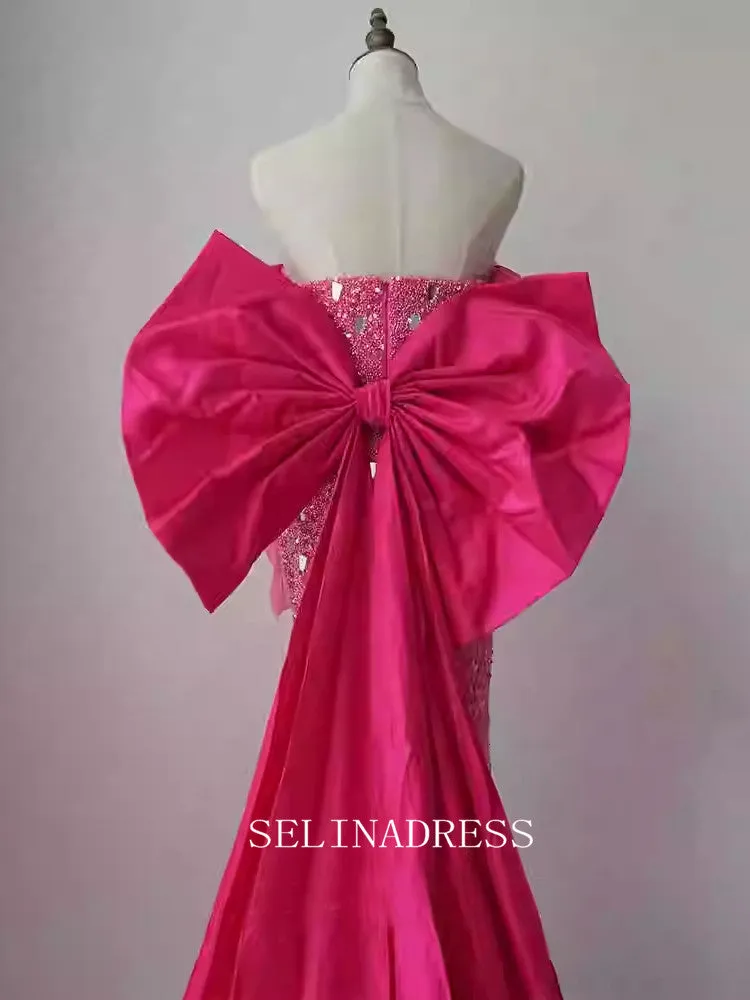 Chic Strapless Beaded Long Prom Dresses With Bow One the Back Elegant Hot Pink Evening Dress TKL3090