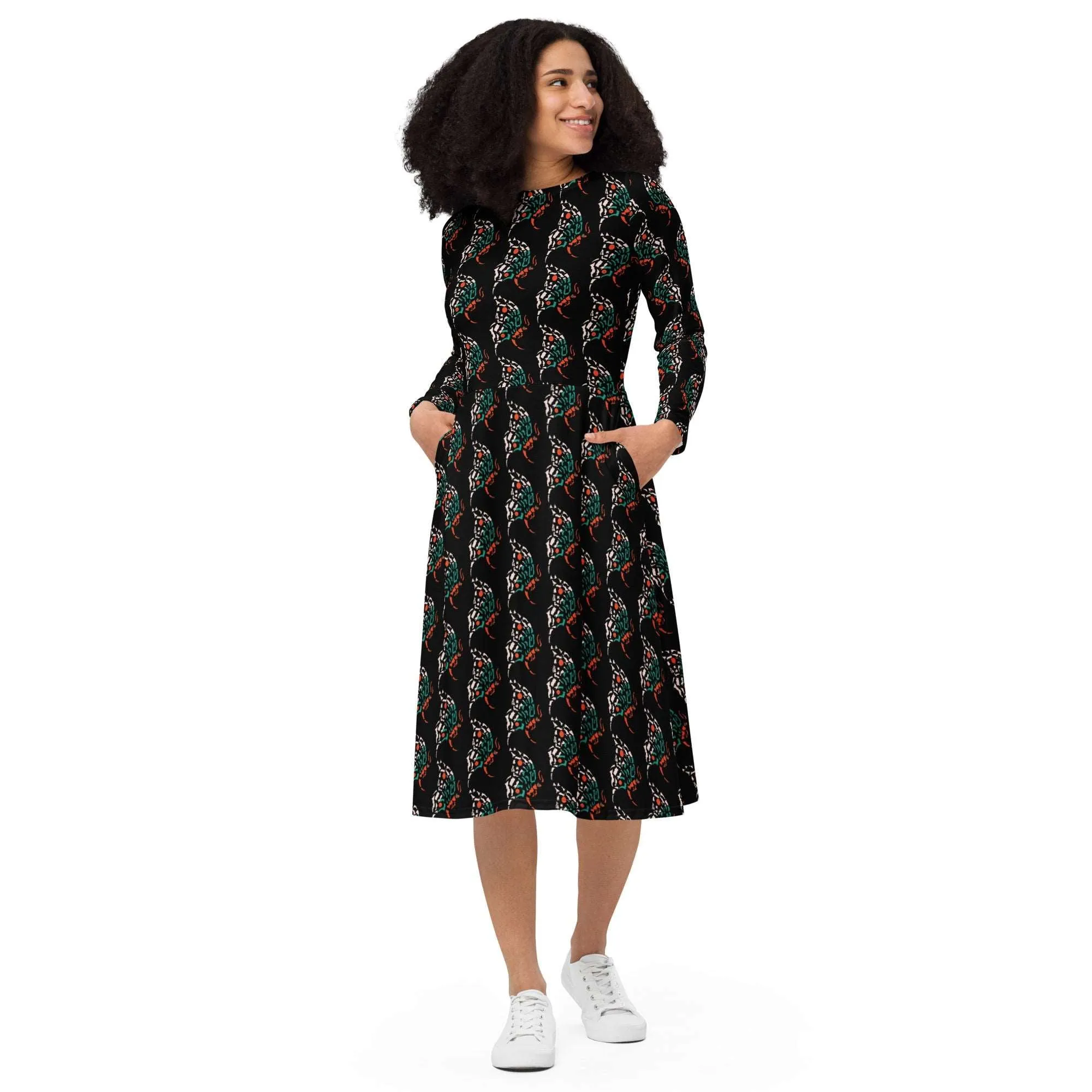 Colorful Butterfly Art Print All-Over Print Long Sleeve Midi Dress