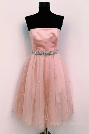 Cute A Line Strapless Beaded Pink Short Prom Dress Homecoming Dress Strapless Pink Formal Graduation Evening Dress