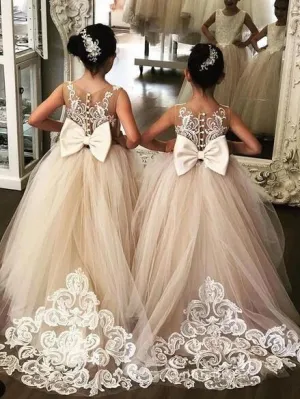 Cute Champagne Lace Princess Long Train Flower Girl Dresses With Bowknot GRS032