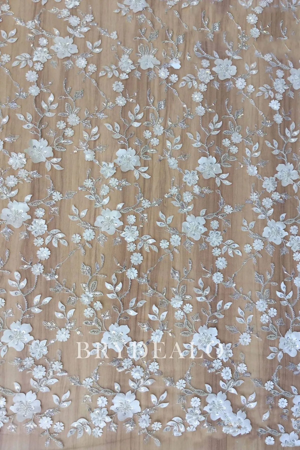 Designer Beaded Blooming Flower Lace Fabric for Romantic Dresses