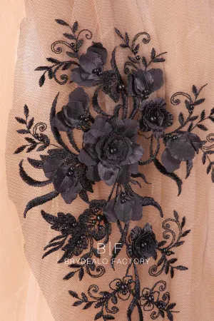 Designer Black 3D Flower Embroidered Lace Fabric For Sale