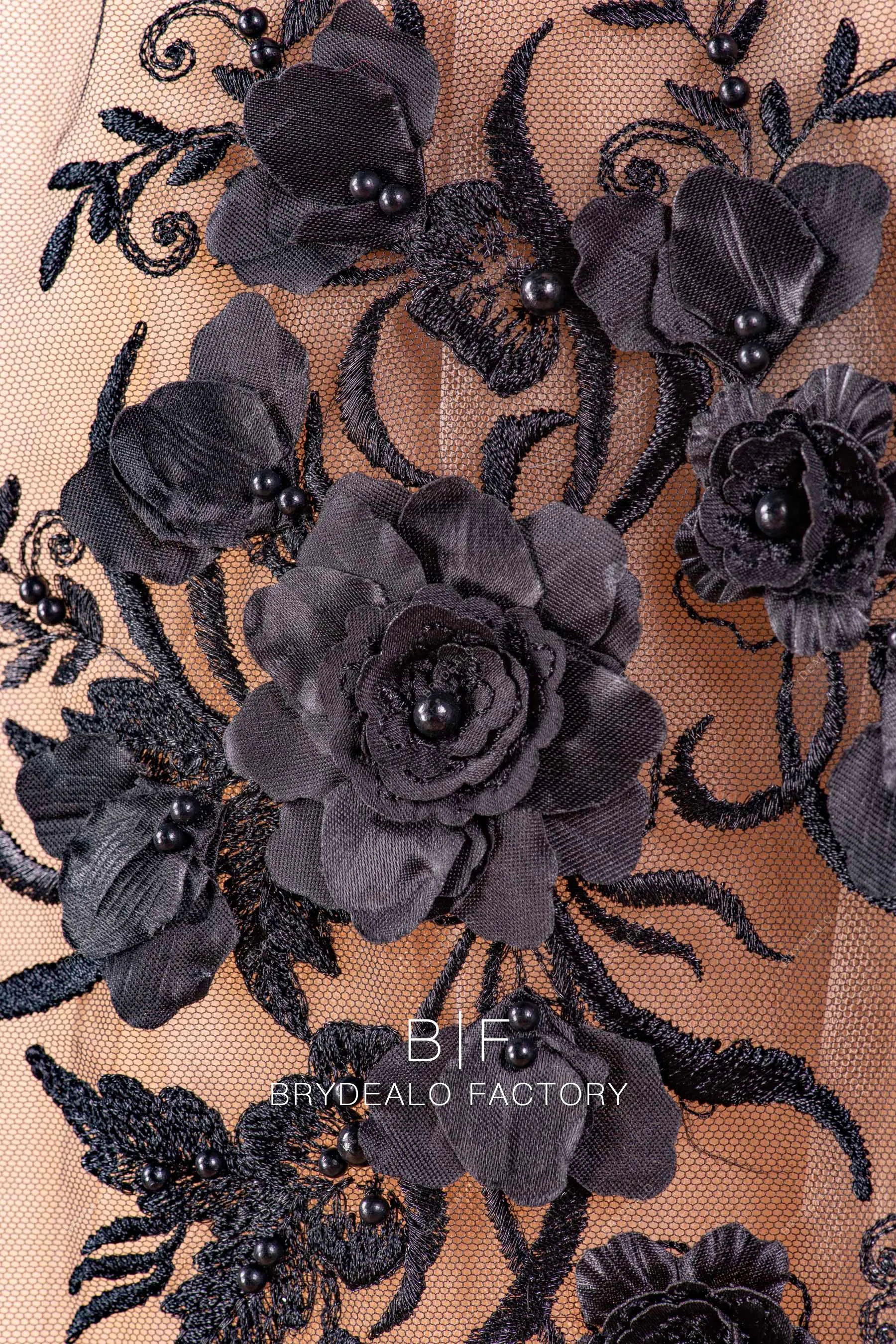 Designer Black 3D Flower Embroidered Lace Fabric For Sale