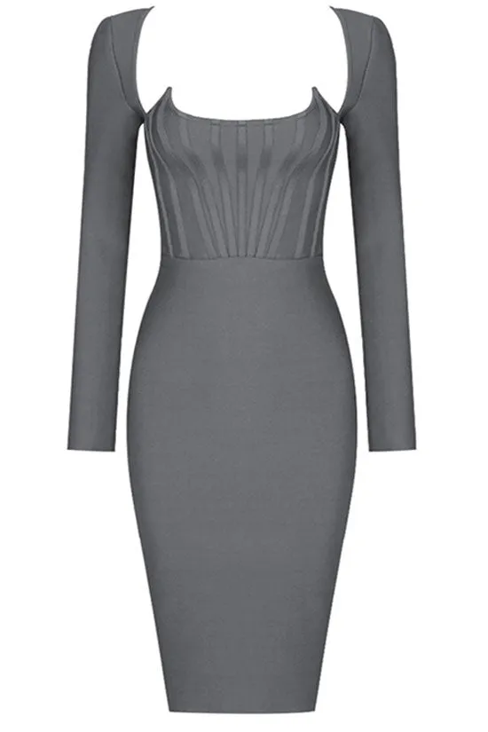 Diva Notch Scoop Neck Long Sleeve Bandage Bodycon Mini Dress - Gray