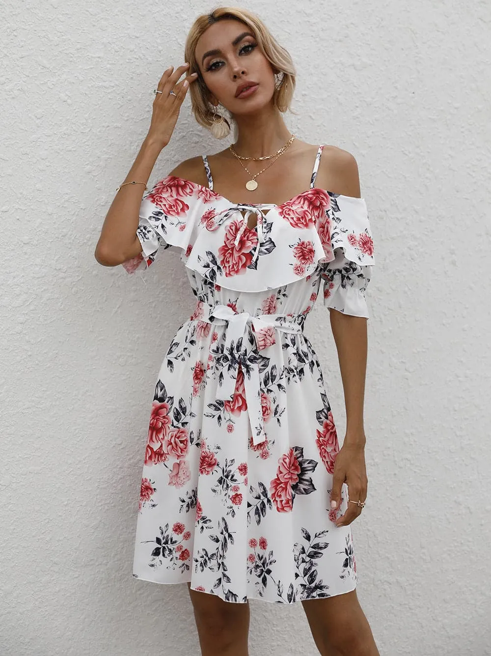 DressBetty - Fashion Flower Print White Dress