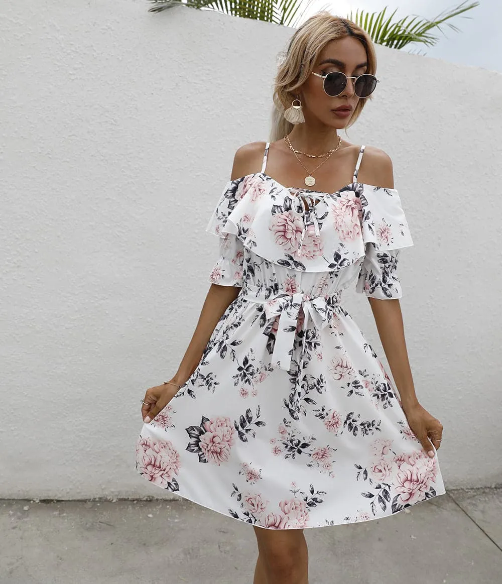 DressBetty - Fashion Flower Print White Dress