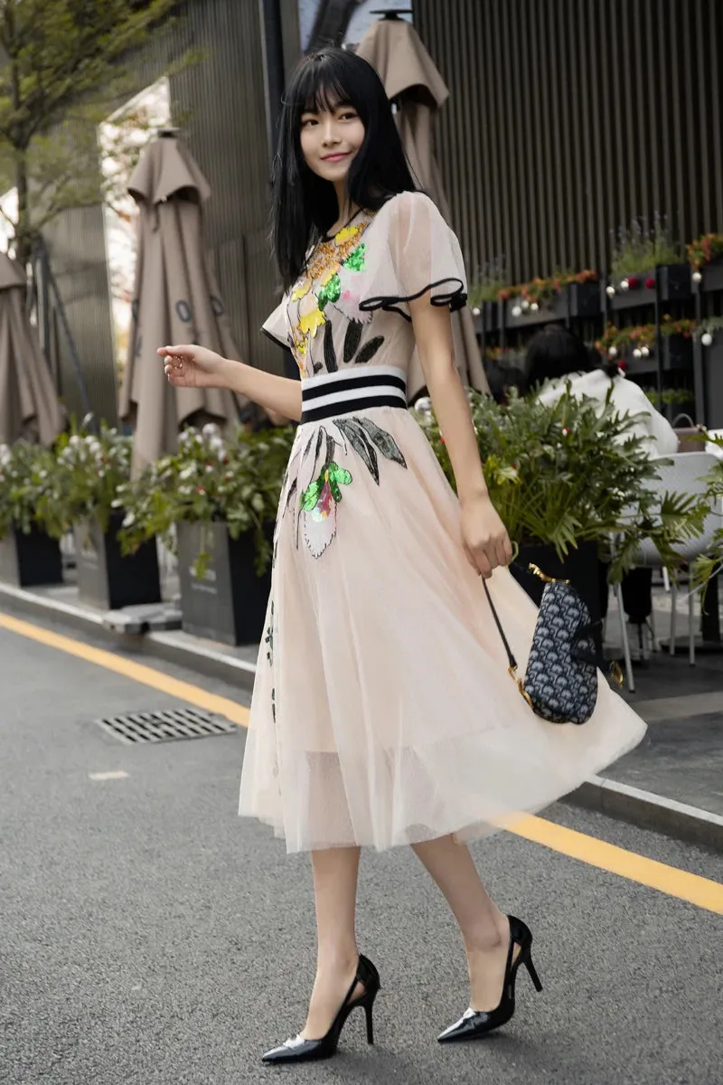 Embroidered Flower Chiffon Dress