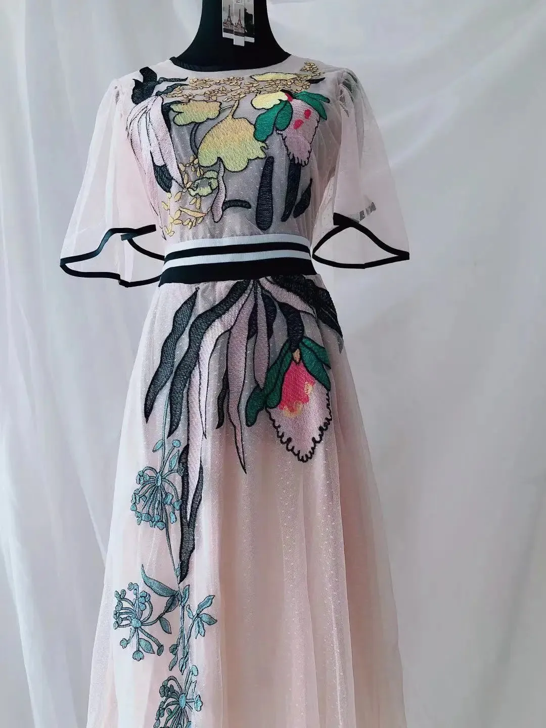 Embroidered Flower Chiffon Dress